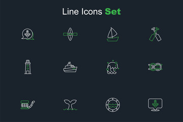 Set line Anchor, Ship porthole, Whale tail, Marine bollard with rope, Nautical knots, Tsunami, Speedboat and Lighthouse icon. Vector