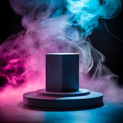 close up an empty podium dramatic black background with neon light pink blue light background enveloped in swirling dark smoke,
