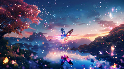 Obraz na płótnie Canvas Fantasy landscape with sparkles and butterfly