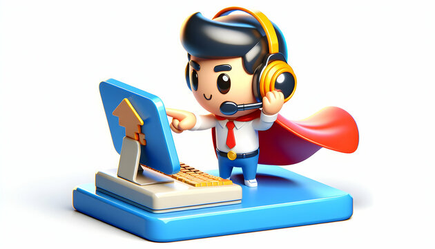 3D Icon: Tech Support Hero Troubleshooting Complex Issues Over the Phone with Expert Guidance in Candid Daily Work Environment - Isolated White Background