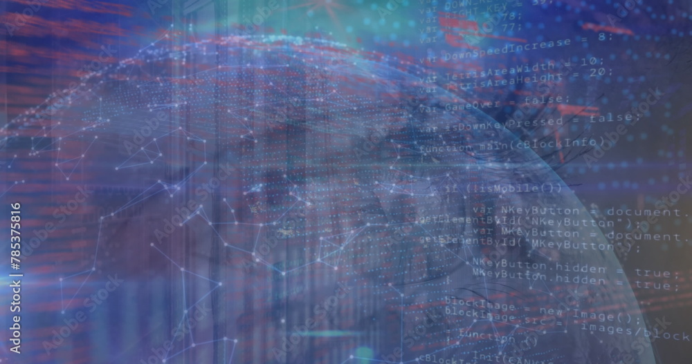 Poster image of network of connections and data processing over globe and close up of female eye