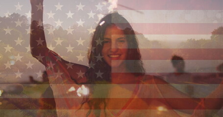 Image of flag of usa and landscape over biracial woman