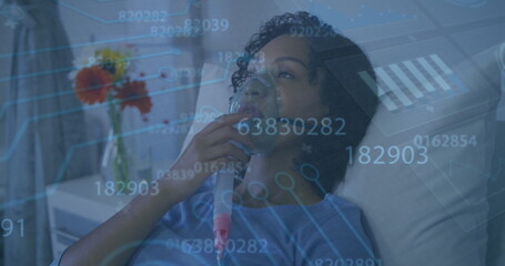 Image of data processing over african american woman using oxygen mask
