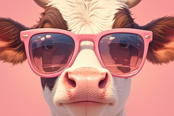 A cow wearing sunglasses against pastel background, showcasing its playful and stylish side
