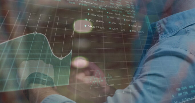 Image of data processing over caucasian man with smartwatch