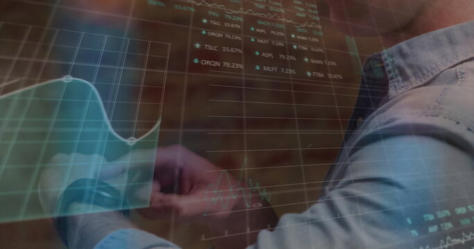 Image of data processing over caucasian man with smartwatch