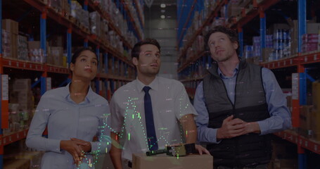 Image of data processing over diverse business people in warehouse
