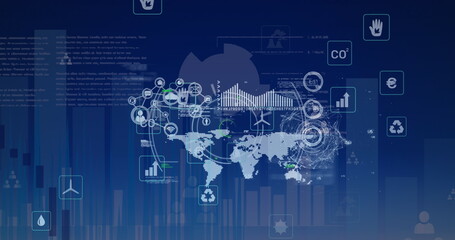Image of user icons, data processing, world map and financial graphs on blue background