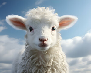 Cute white lamb on blue sky background. Closeup portrait
