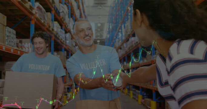 Image of data processing over diverse volunteers in warehouse
