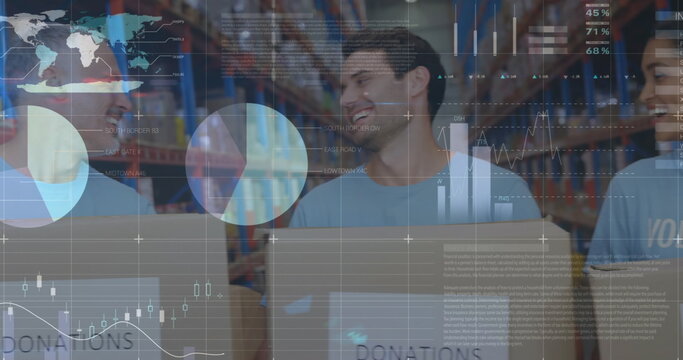 Image of data processing over diverse male and female volunteers laughing at warehouse