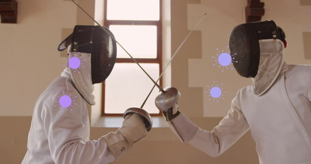 Image of virus cells over two fencers