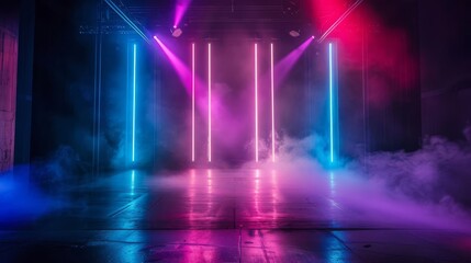 Naklejka premium empty dark stage with colorful laser beams and smoke abstract neon light show performance background
