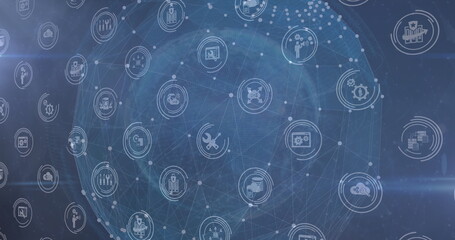 Digital icons in seamless pattern over globe of network of connections against blue background