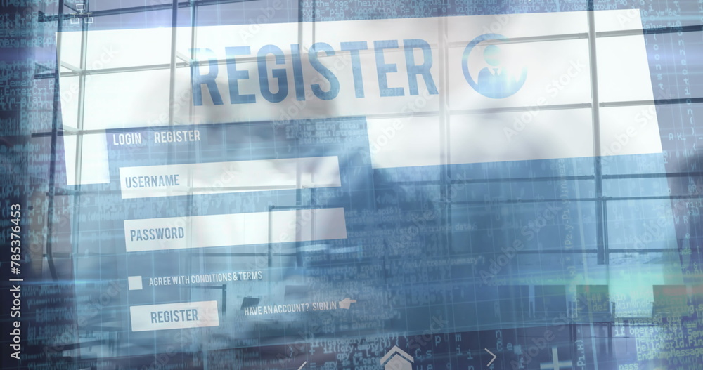 Poster image of register form over timelapse with walking people