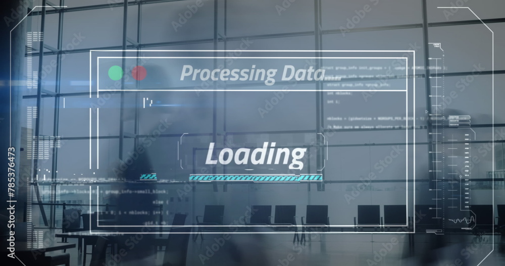 Poster image of interface screen with data loading over fast motion office workers walking in building