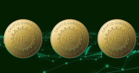 Image of nft text on golden coins and network of connections over dark background