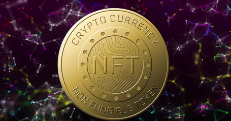 Image of nft text on golden coin and network of connections over dark background
