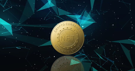 Image of nft text on golden coin and network of connections over dark background