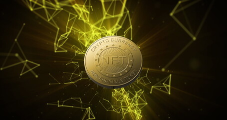 Image of nft text on golden coin and network of connections over dark background