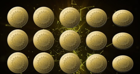 Image of nft text on golden coins and network of connections over dark background