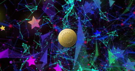 Image of nft text on golden coin and network of connections and stars over dark background