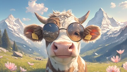 A cow wearing sunglasses