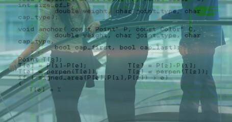 Image of data processing over caucasian women on stairs