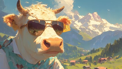 A cow wearing sunglasses with the Swiss Alps inn the background