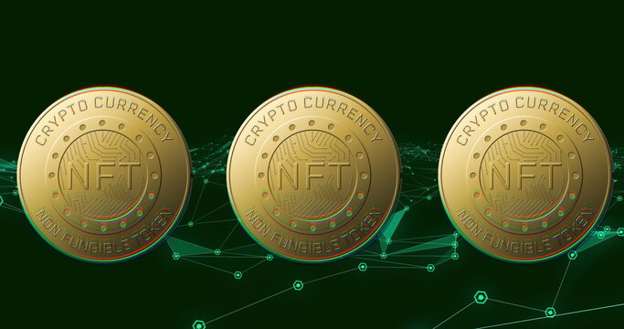 Image of nft text on golden coins and network of connections over dark background
