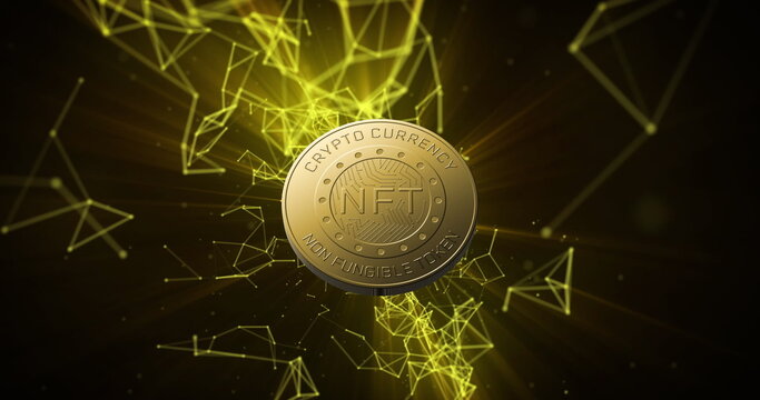 Image of nft text on golden coin and network of connections over dark background