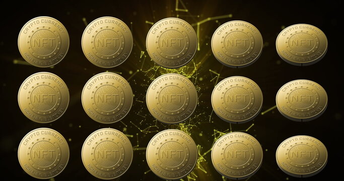 Image of nft text on golden coins and network of connections over dark background