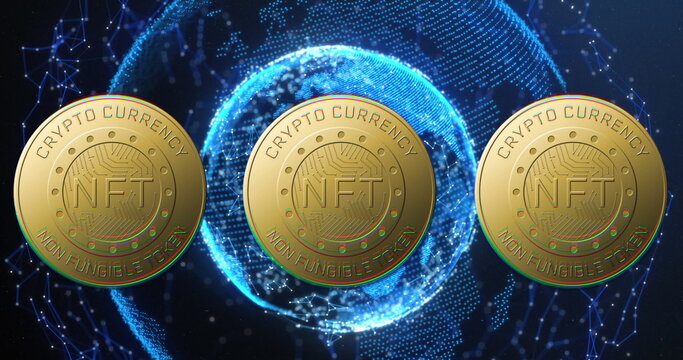 Image of nft text on golden coins and globe over dark background