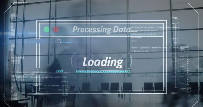 Image of interface screen with data loading over fast motion office workers walking in building