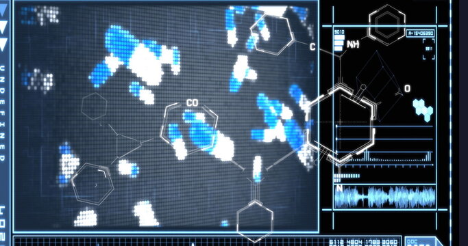 Image of chemical formulas over digital screen with bacteria and data - Powered by Adobe