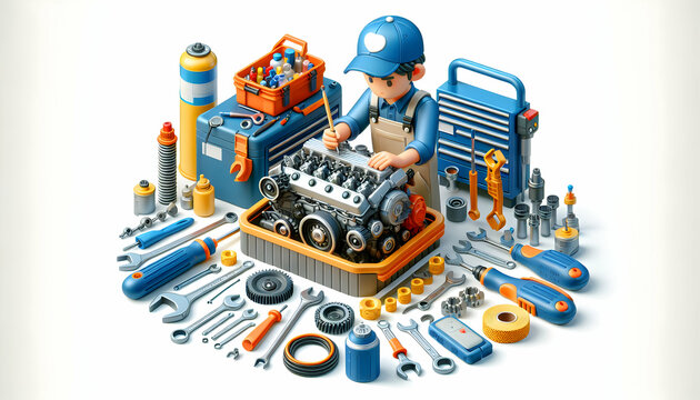 Experienced Mechanic Inspects Engine Surrounded by Tools - 3D Icon in Candid Daily Routine Environment with Isolated White Background