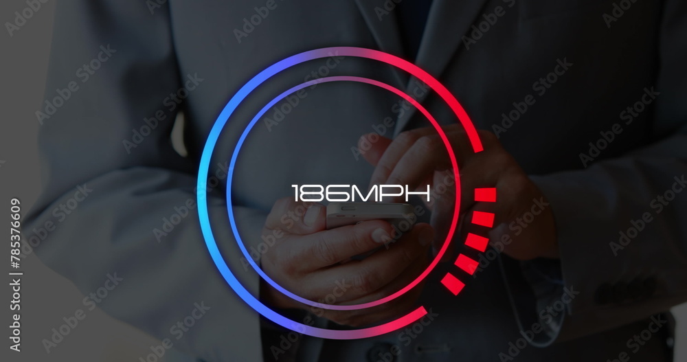 Aufkleber image of speedometer over hands of caucasisn man using smartphone