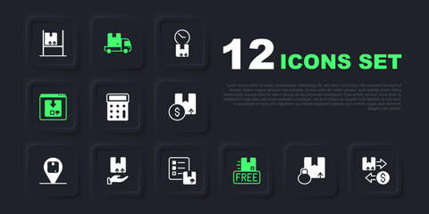 Set Carton cardboard box, Tax, Calculator, Cardboard with free symbol, Online app delivery tracking, Delivery hand, cargo truck and Verification of list icon. Vector