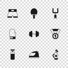 Set Racing helmet, Medal, Golf bag with clubs, Dumbbell, American football goal post, Boxing short, Racket and glove icon. Vector