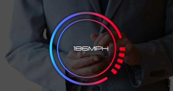 Image of speedometer over hands of caucasisn man using smartphone