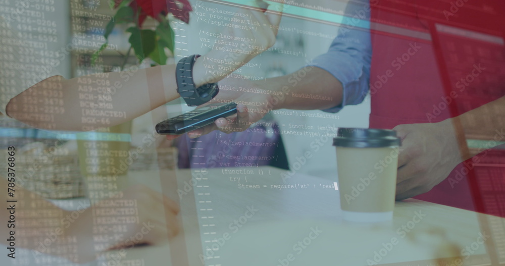 Poster image of data processing over hands paying with smartwatch in cafe