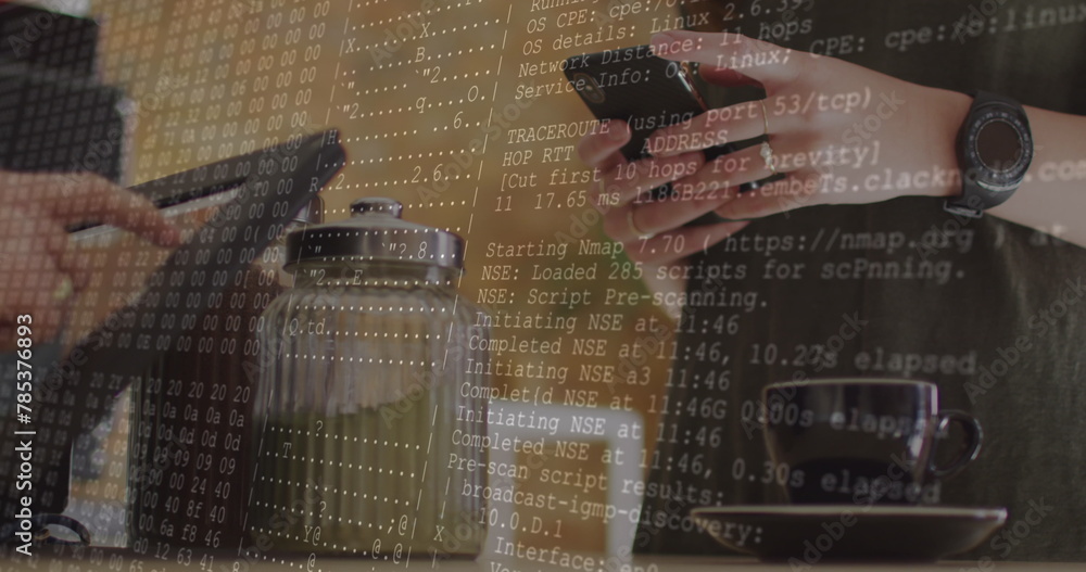 Poster image of data processing over hands using smartphone in cafe