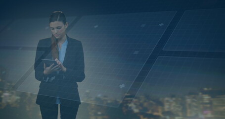 Image of scope scanning with data processing over caucasian businesswoman and cityscape