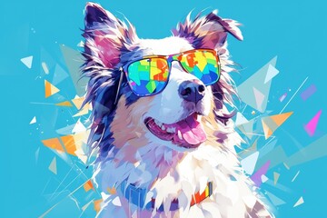 Cute border collie dog wearing colorful sunglasses 