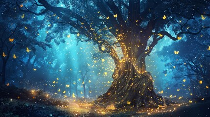 enchanted forest with glowing fireflies and a mystical ancient tree fantasy digital painting - obrazy, fototapety, plakaty