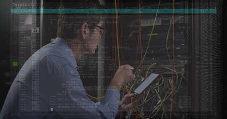 Image of data processing over asian male worker in server room