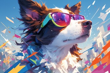 A cute border collie dog wearing colorful sunglasses 