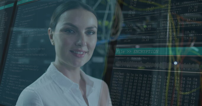 Image of data processing over caucasian female worker in server room