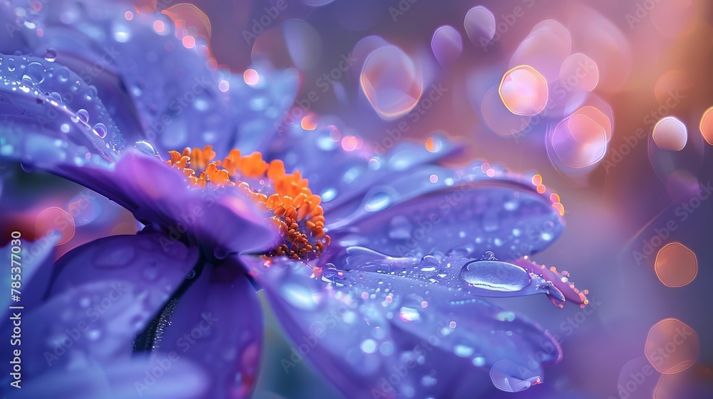 Poster enchanting macro photograph of flower with dew drop abstract bokeh background