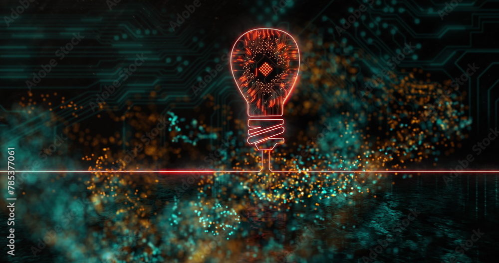 Poster image of light spots over light bulb icon with computer circuit board on black background